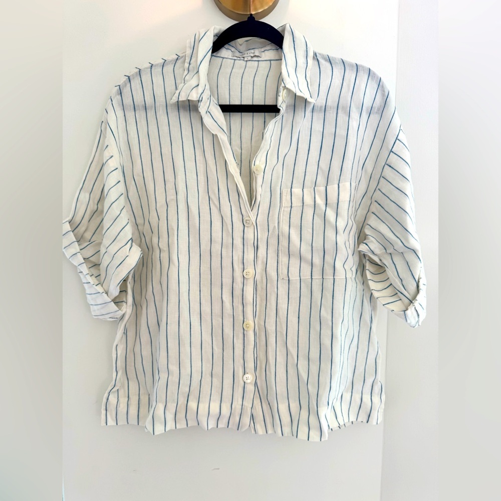 Striped Button-Up Shirt+Shorts blue and white Linen SET small